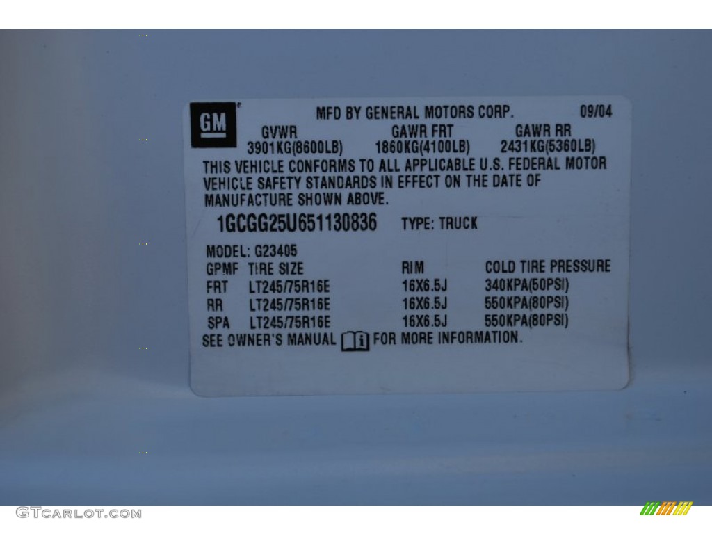 2005 Chevrolet Express 2500 Cargo Van Info Tag Photo #85471358