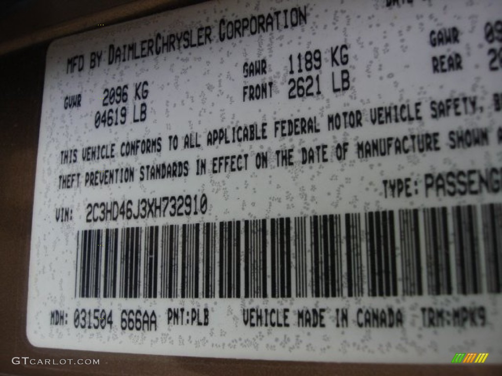 1999 Chrysler Concorde LXi Color Code Photos