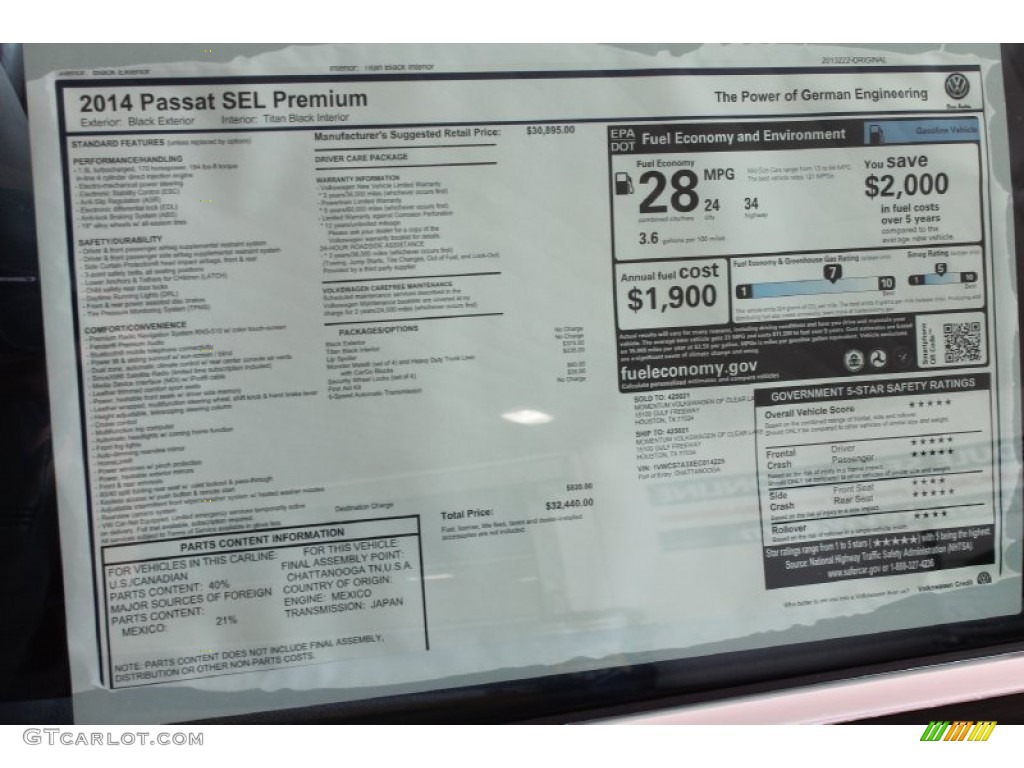 2014 Volkswagen Passat 1.8T SEL Premium Window Sticker Photo #85567154