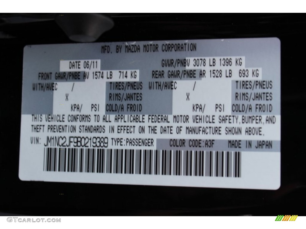 2011 Mazda MX-5 Miata Sport Roadster Color Code Photos