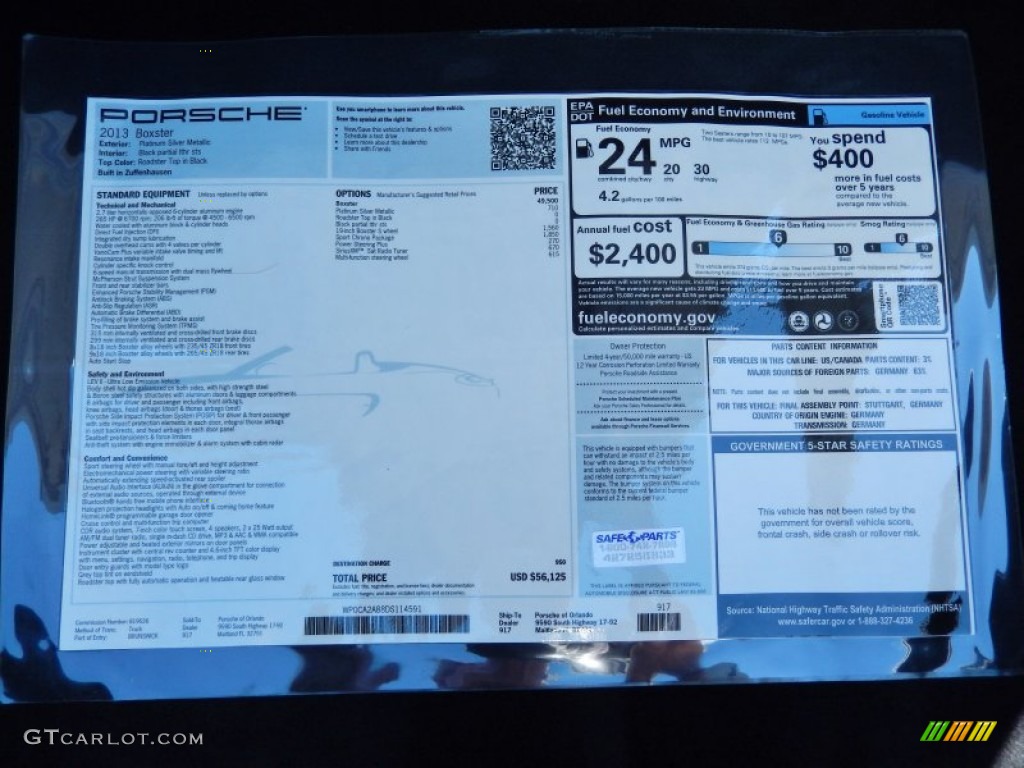 2013 Porsche Boxster Standard Boxster Model Window Sticker Photo #85576370