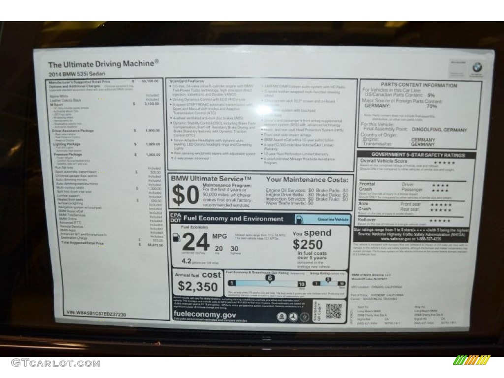 2014 BMW 5 Series 535i Sedan Window Sticker Photo #85583297
