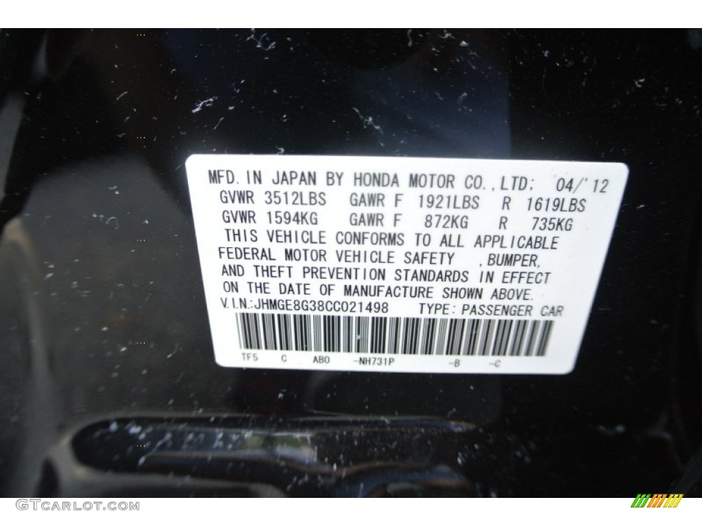 2012 Honda Fit Standard Fit Model Color Code Photos