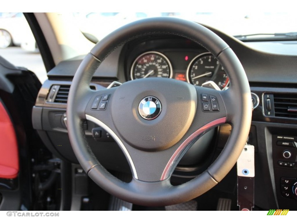2011 BMW 3 Series 328i xDrive Coupe Coral Red/Black Dakota Leather Steering Wheel Photo #85608841