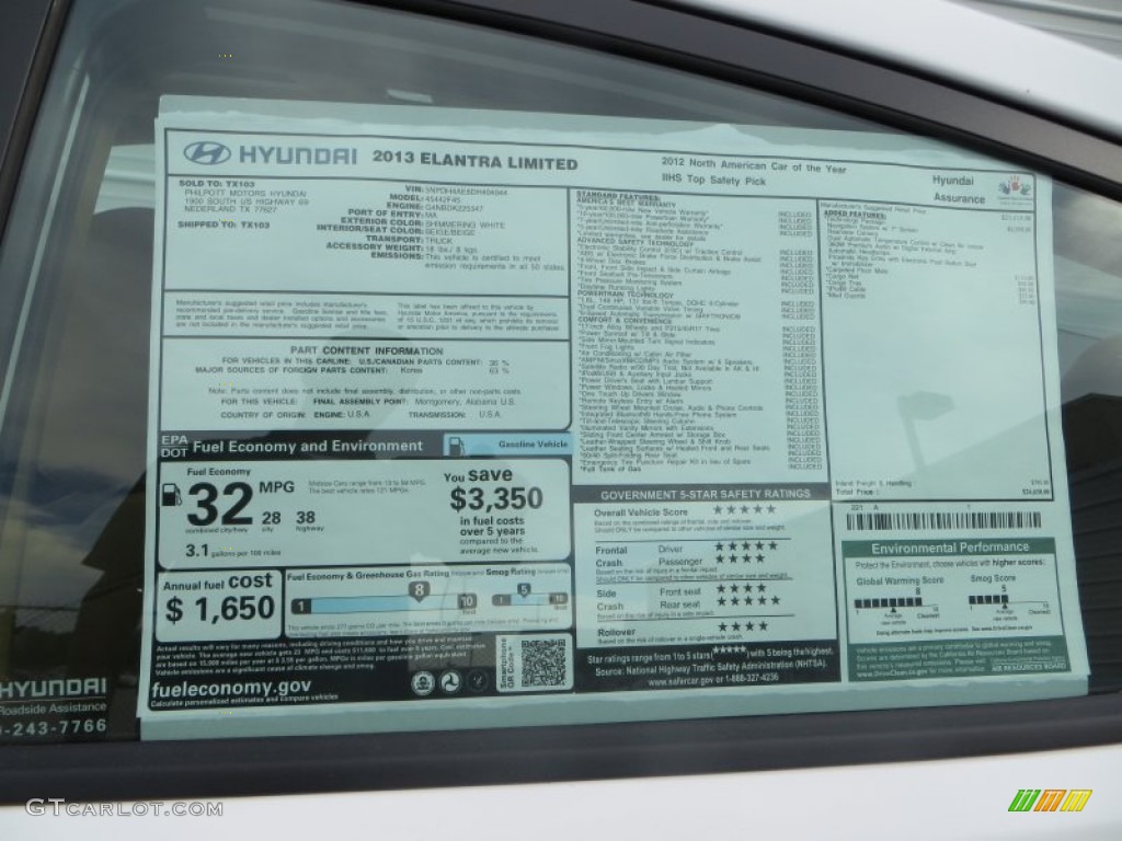 2013 Elantra Limited - Shimmering White / Beige photo #36