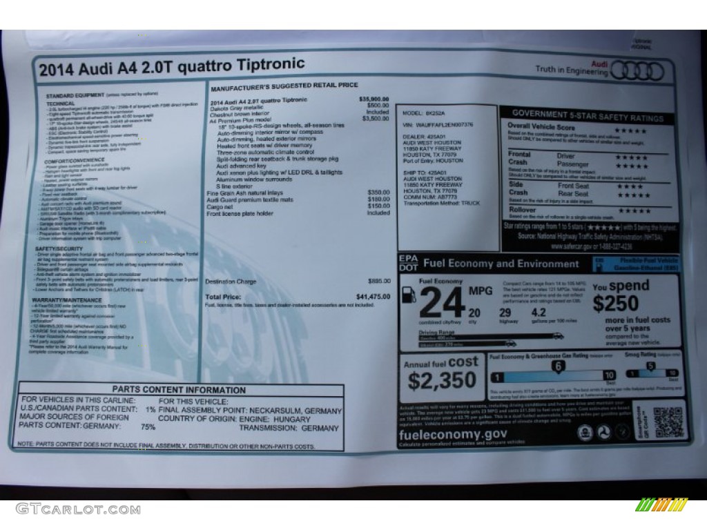 2014 Audi A4 2.0T quattro Sedan Window Sticker Photo #85637368