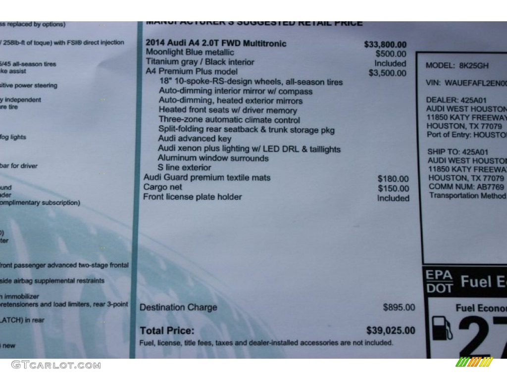 2014 Audi A4 2.0T Sedan Window Sticker Photo #85639228