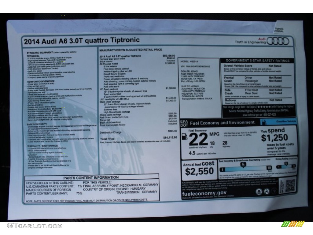 2014 Audi A6 3.0T quattro Sedan Window Sticker Photo #85672454