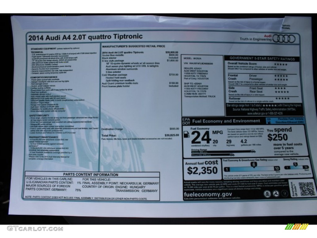 2014 Audi A4 2.0T quattro Sedan Window Sticker Photo #85677224