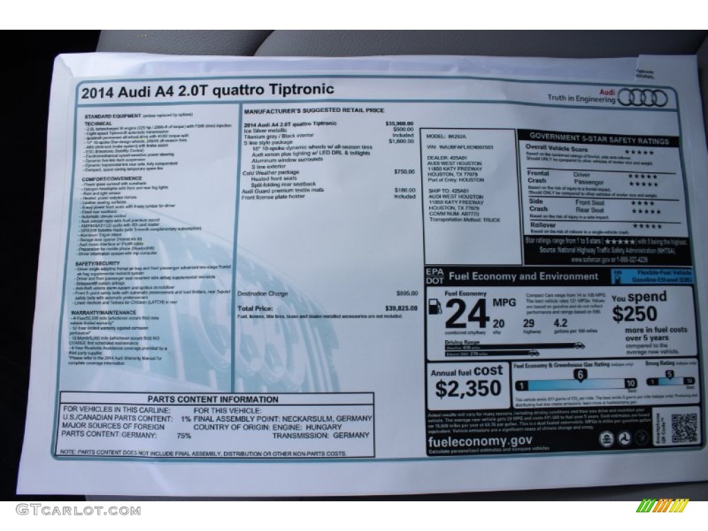 2014 Audi A4 2.0T quattro Sedan Window Sticker Photo #85678286
