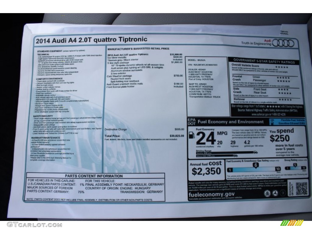 2014 A4 2.0T quattro Sedan - Ice Silver Metallic / Titanium Grey photo #42