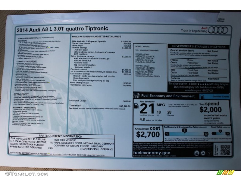 2014 Audi A8 L 3.0T quattro Window Sticker Photo #85679309