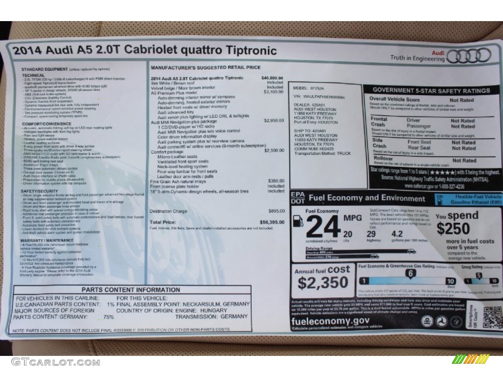2014 Audi A5 2.0T quattro Cabriolet Window Sticker Photo #85680233