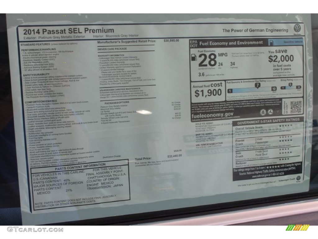 2014 Volkswagen Passat 1.8T SEL Premium Window Sticker Photo #85695530