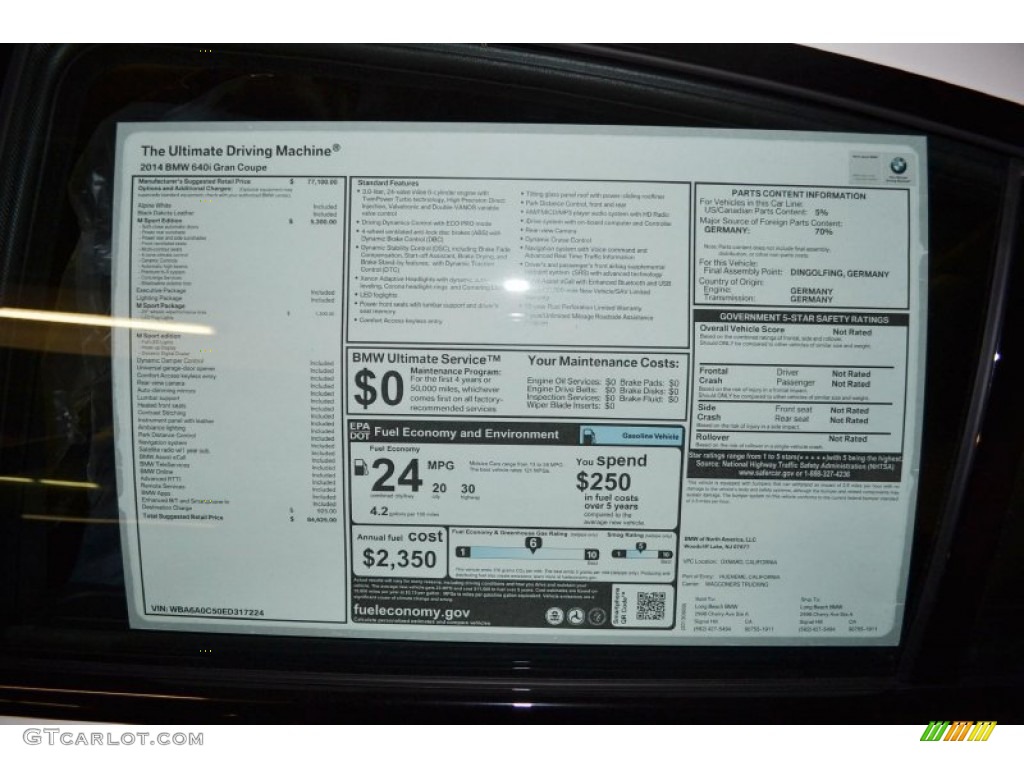 2014 BMW 6 Series 640i Gran Coupe Window Sticker Photo #85696130