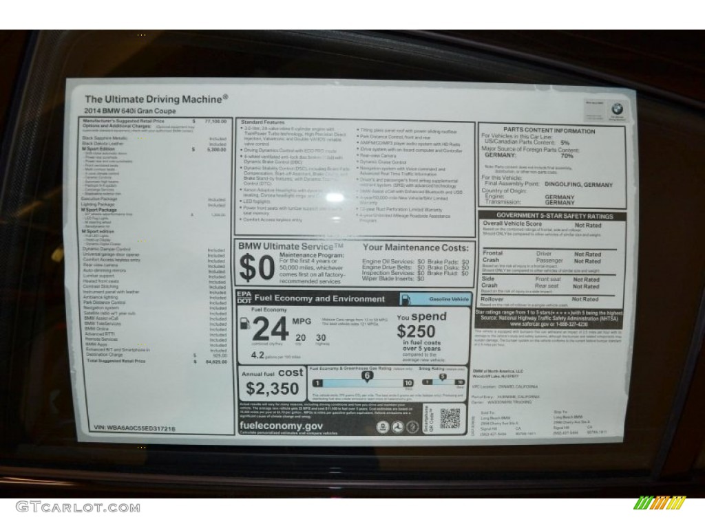 2014 BMW 6 Series 640i Gran Coupe Window Sticker Photo #85696217