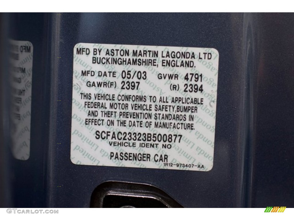 2003 Aston Martin Vanquish Standard Vanquish Model Info Tag Photos