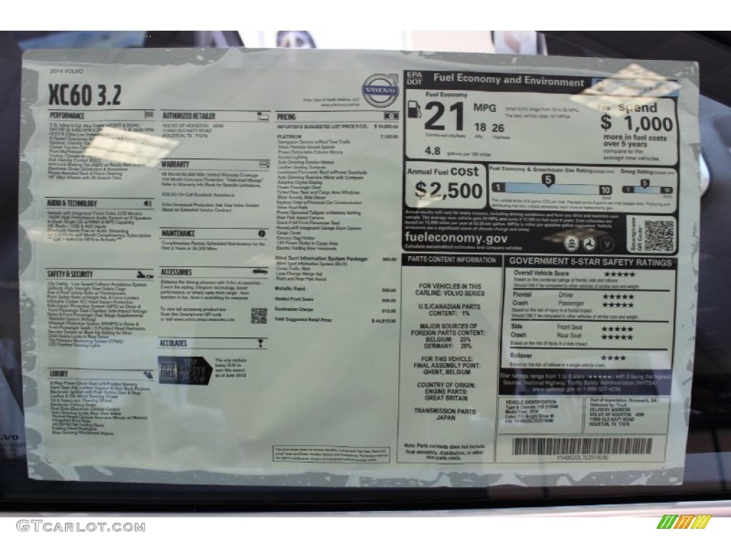 2014 Volvo XC60 3.2 Window Sticker Photo #85730833