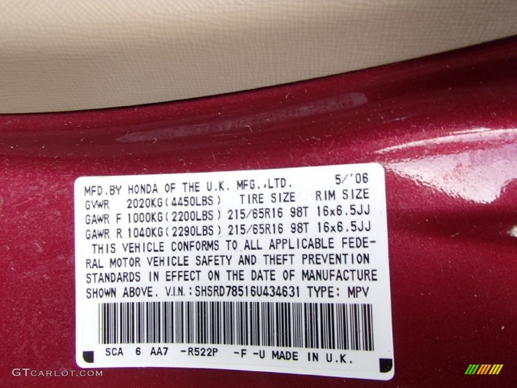 2006 Honda CR-V LX 4WD Color Code Photos