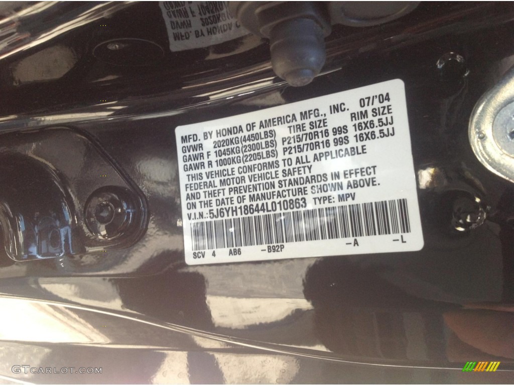 2004 Element Color Code B92P for Nighthawk Black Pearl Photo #85798810
