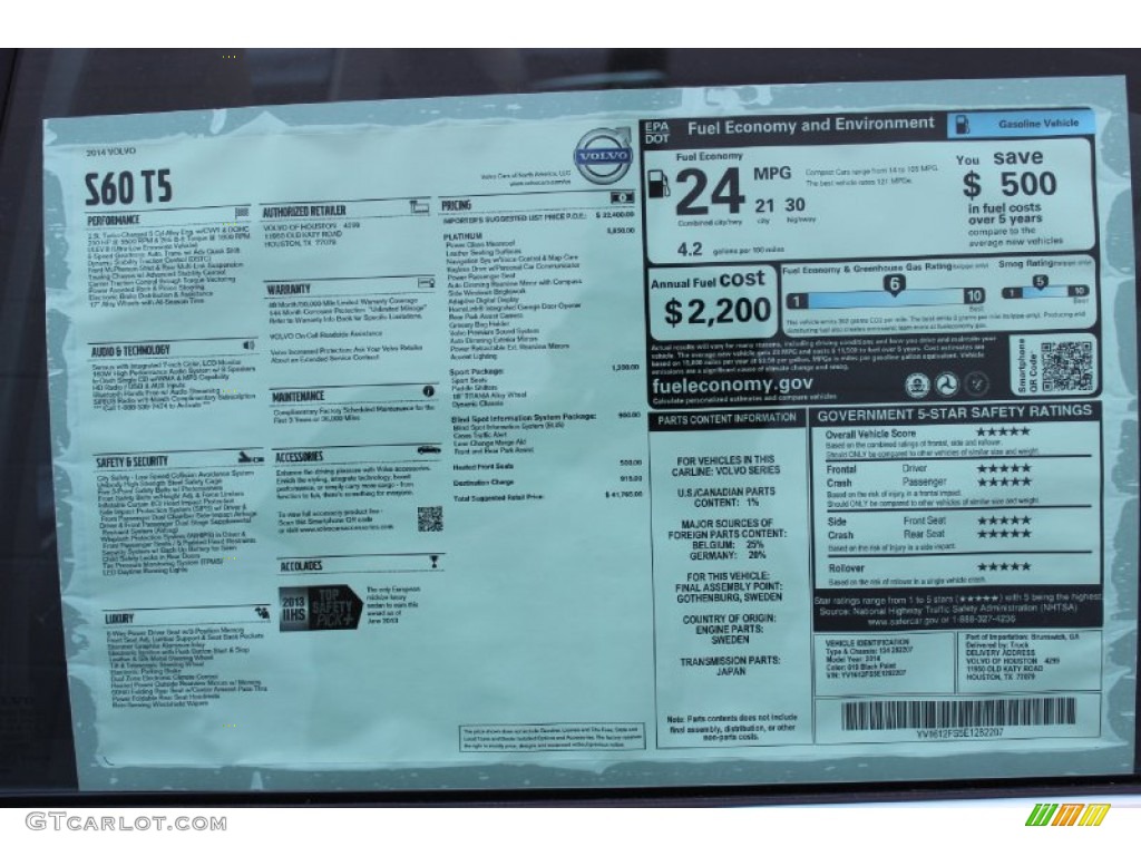2014 Volvo S60 T5 Window Sticker Photo #85799161