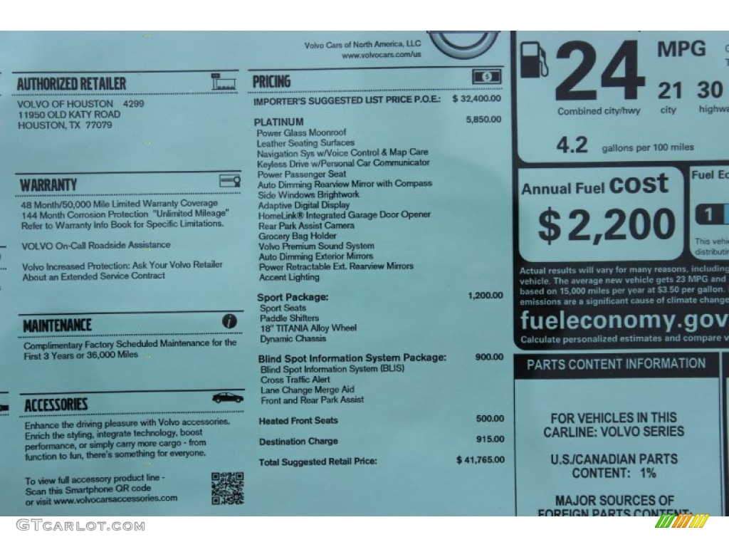 2014 Volvo S60 T5 Window Sticker Photo #85799185