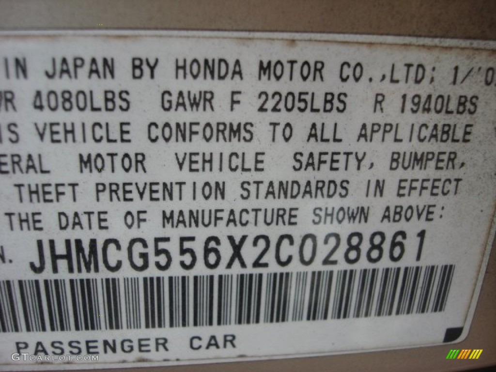 2002 Honda Accord EX Sedan Info Tag Photo #85817251