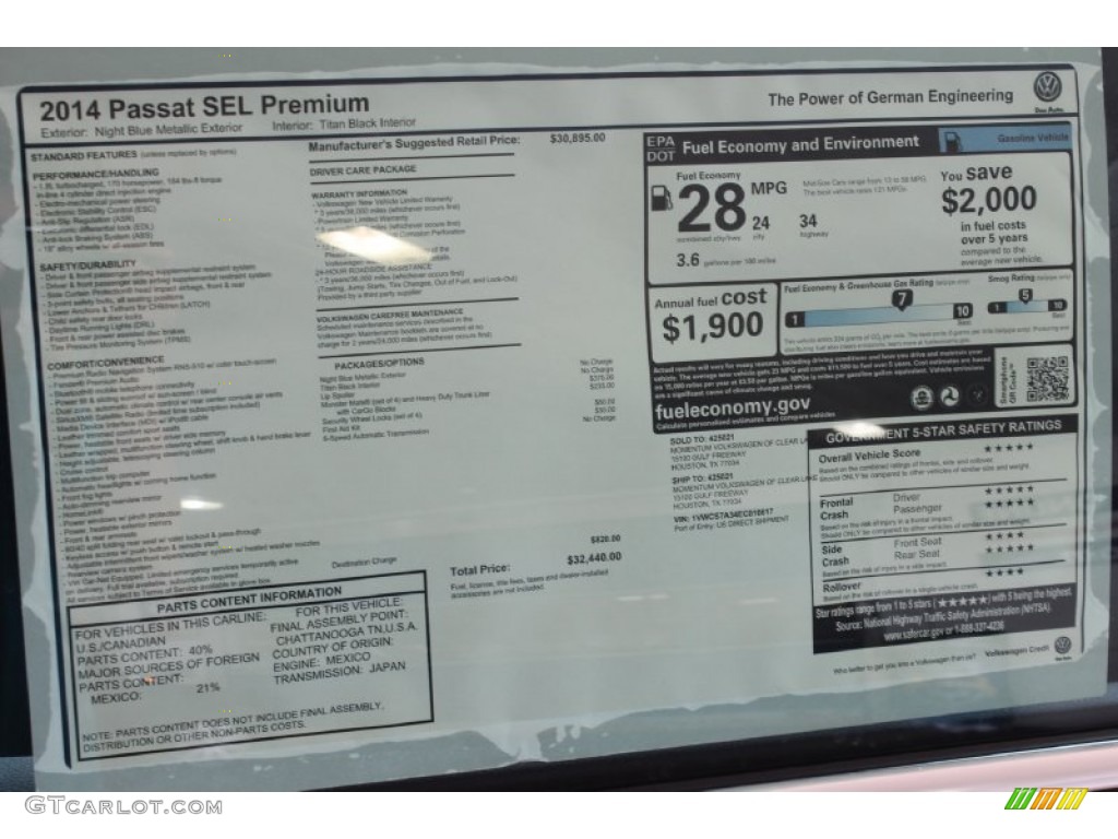 2014 Volkswagen Passat 1.8T SEL Premium Window Sticker Photo #85841884