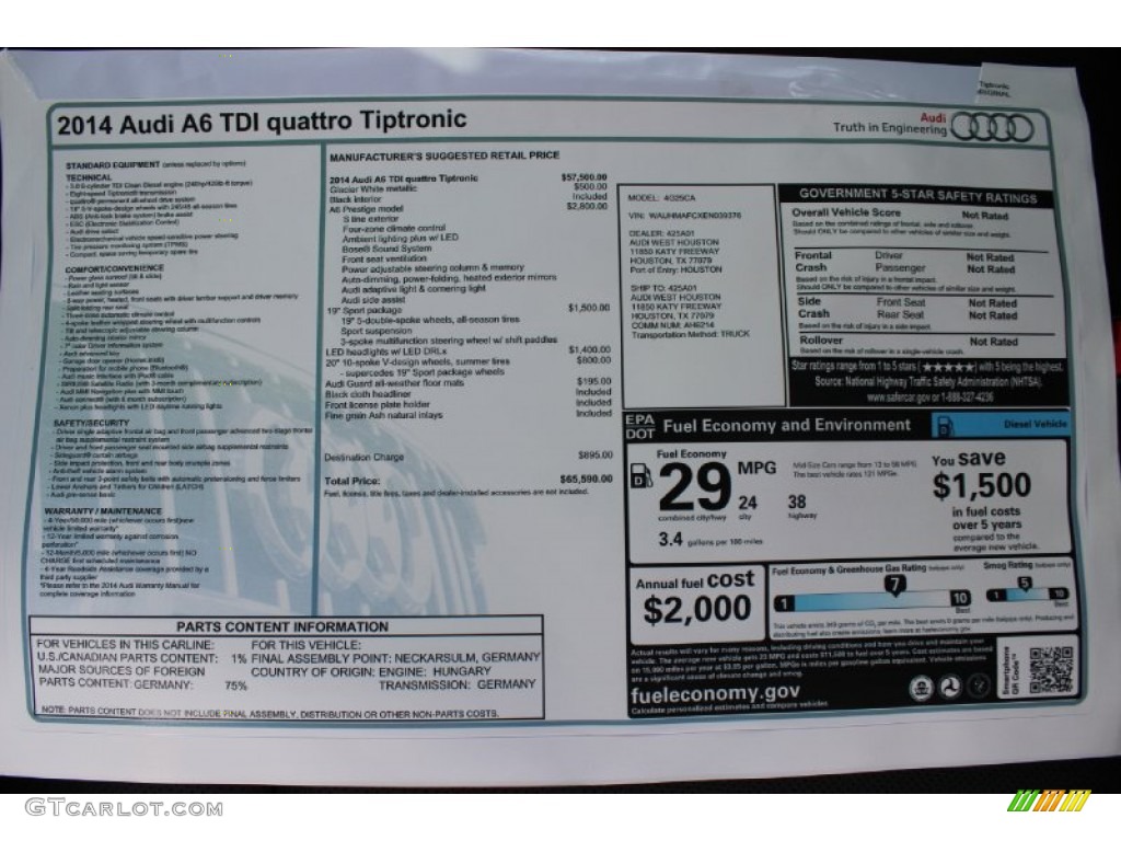 2014 Audi A6 3.0 TDI quattro Sedan Window Sticker Photo #85845057