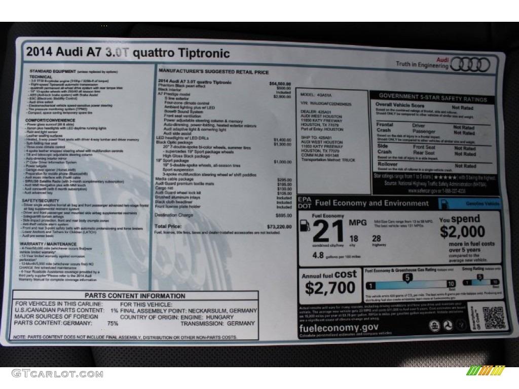 2014 Audi A7 3.0T quattro Prestige Window Sticker Photo #85845982
