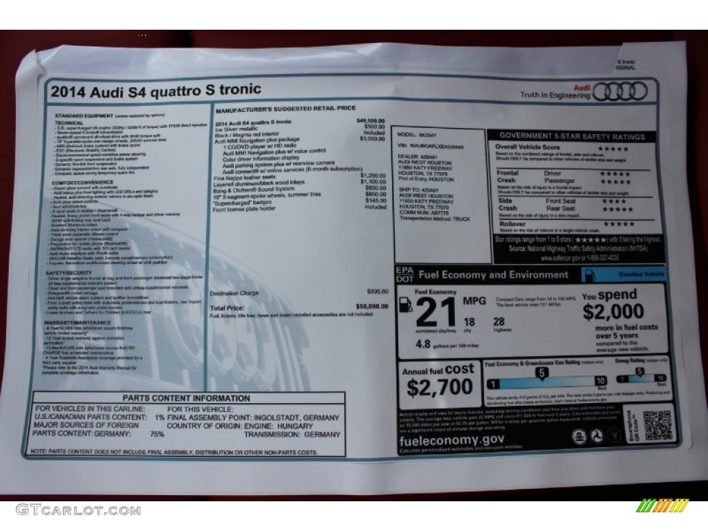 2014 Audi S4 Premium plus 3.0 TFSI quattro Window Sticker Photo #85848376