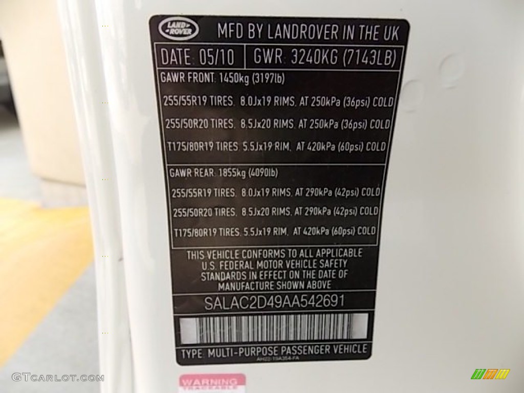 2010 Land Rover LR4 V8 Info Tag Photo #85868674