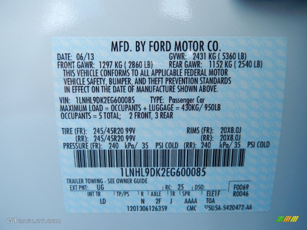 2014 MKS Color Code UG for White Platinum Metallic Tri-coat Photo #85872194