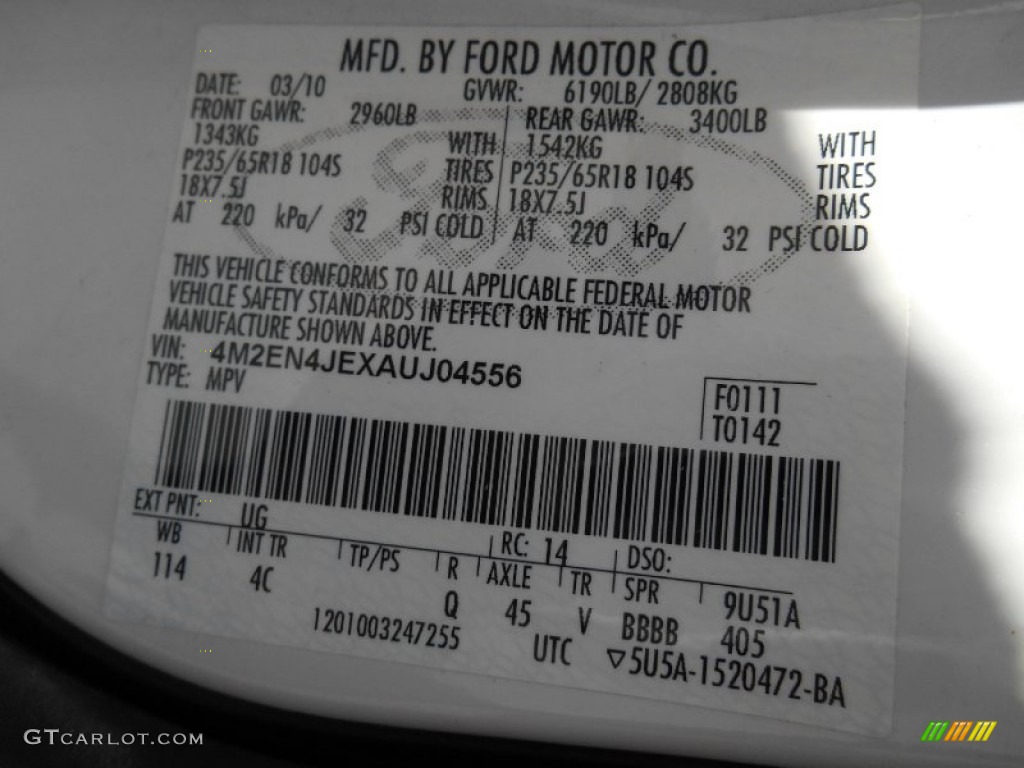 2010 Mercury Mountaineer V6 Premier AWD Color Code Photos