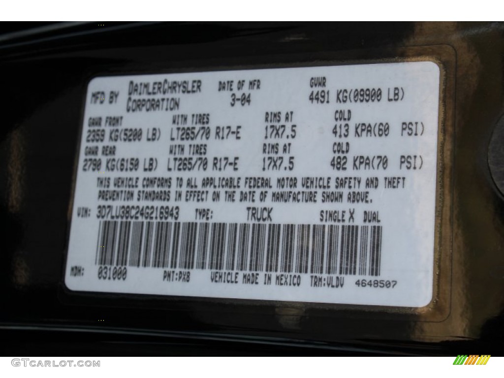 2004 Ram 3500 Color Code PX8 for Black Photo #85877896