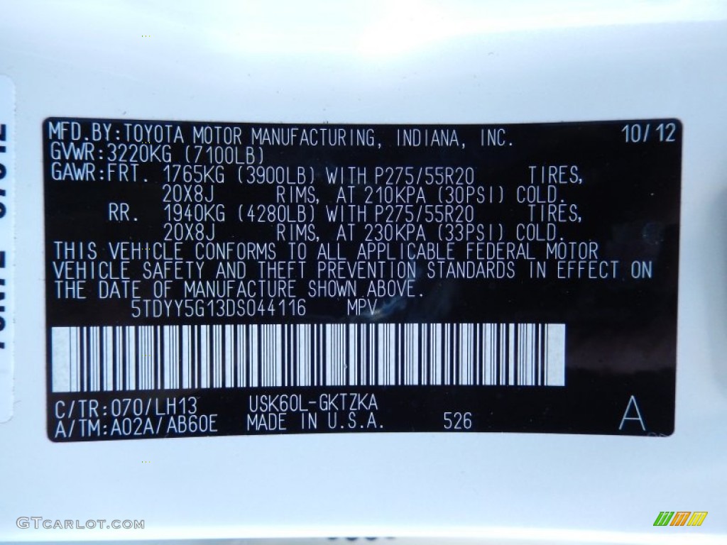 2013 Sequoia Color Code 070 for Blizzard White Pearl Photo #85885210