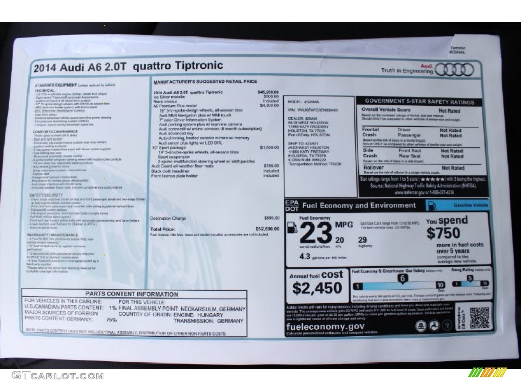 2014 Audi A6 2.0T quattro Sedan Window Sticker Photo #85901272
