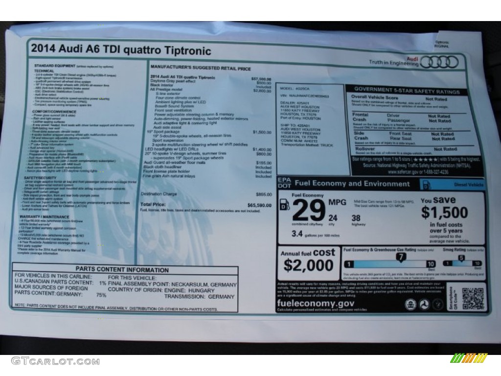 2014 Audi A6 3.0 TDI quattro Sedan Window Sticker Photo #85902205