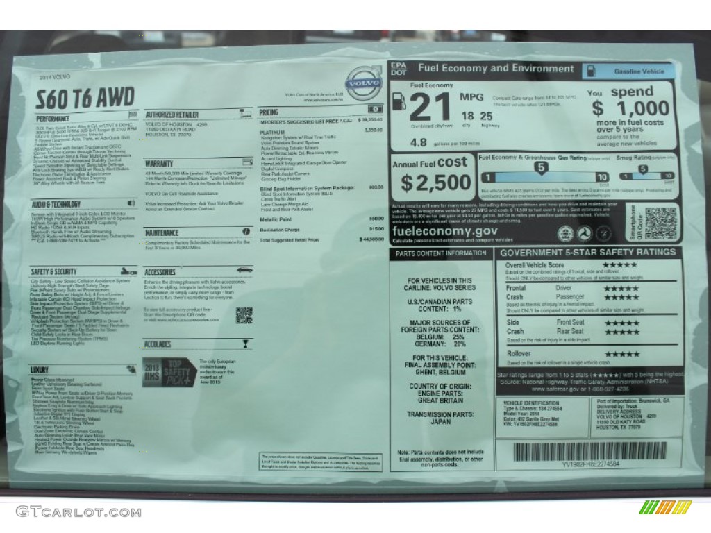 2014 Volvo S60 T6 AWD Window Sticker Photo #85911594