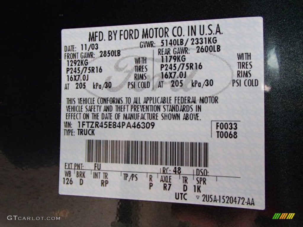 2004 Ranger Color Code FU for Dark Green Metallic Photo #85928169