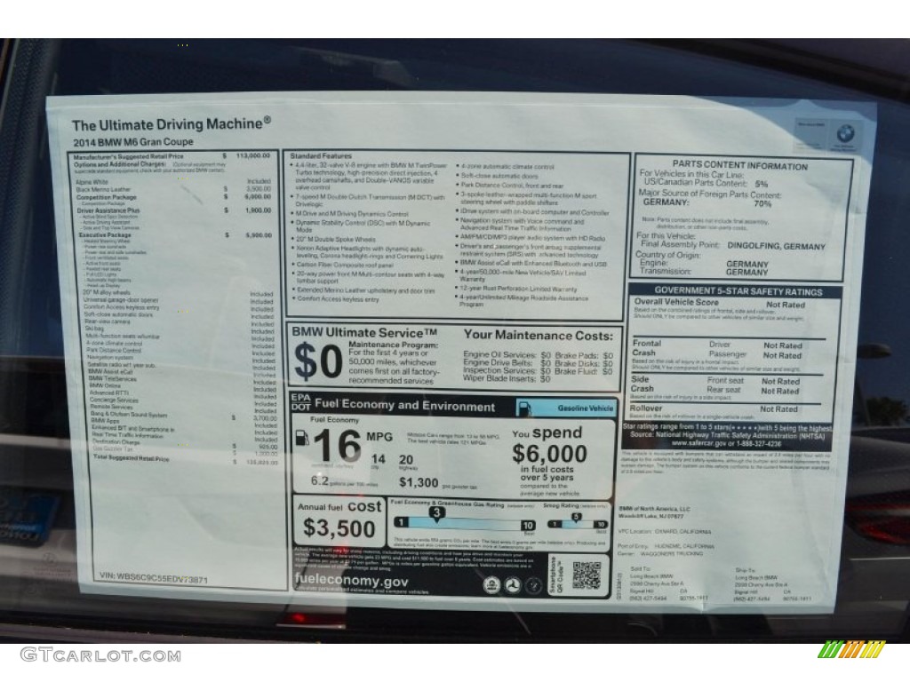 2014 BMW M6 Gran Coupe Window Sticker Photo #85937199