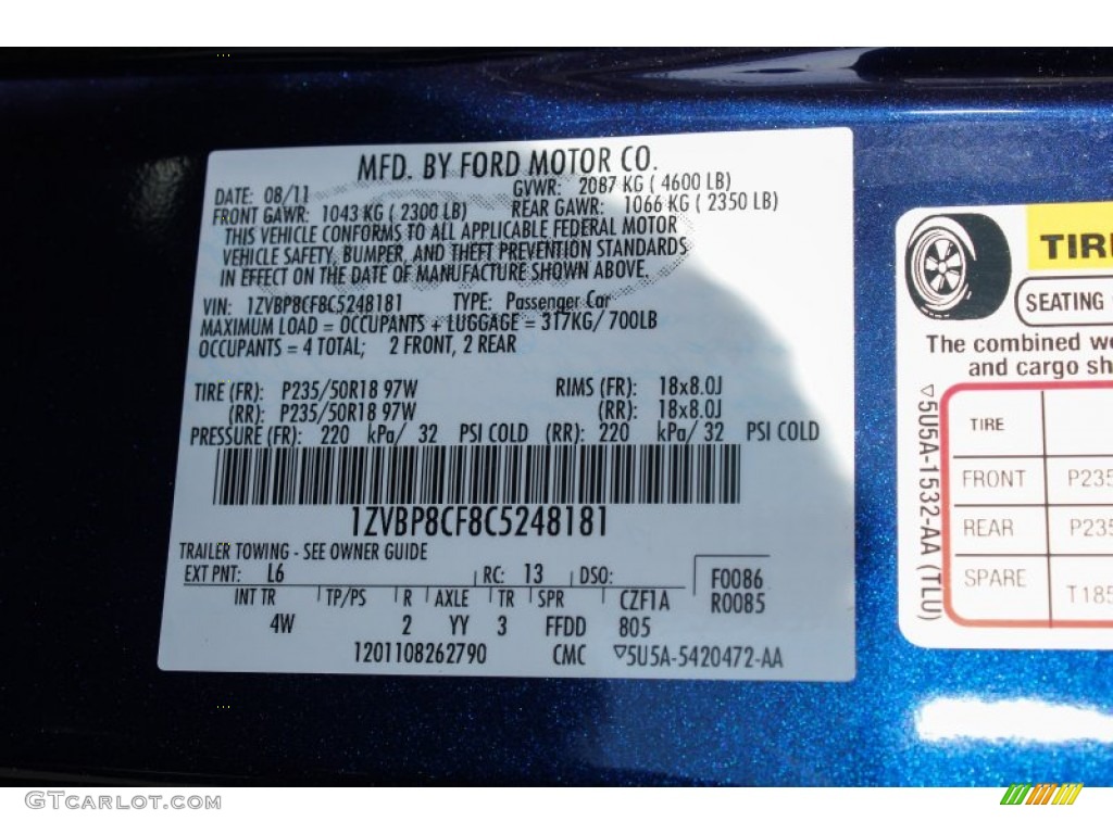 2012 Mustang Color Code L6 for Kona Blue Metallic Photo #85946424