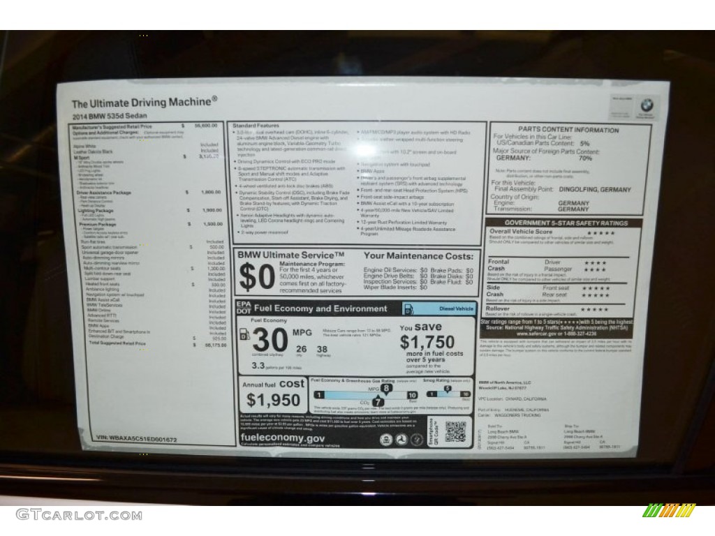 2014 BMW 5 Series 535d Sedan Window Sticker Photo #85974222