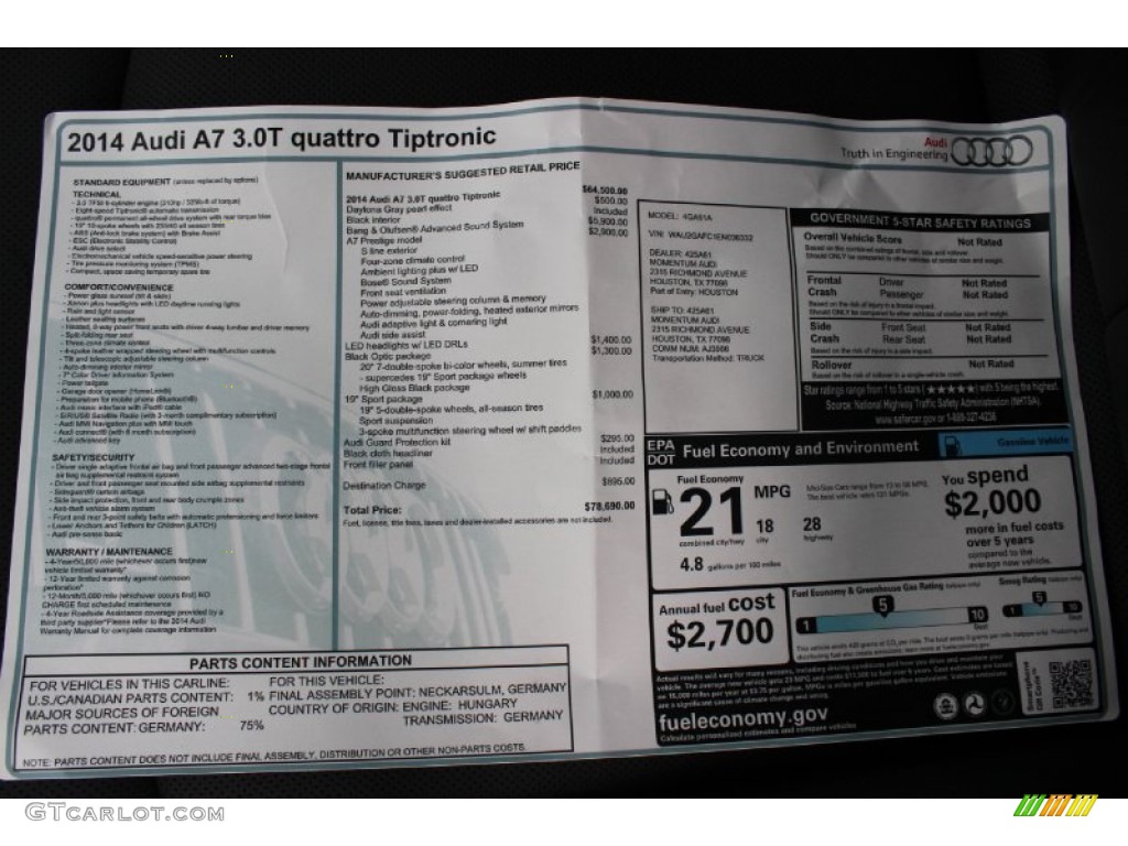 2014 Audi A7 3.0T quattro Prestige Window Sticker Photo #86029355