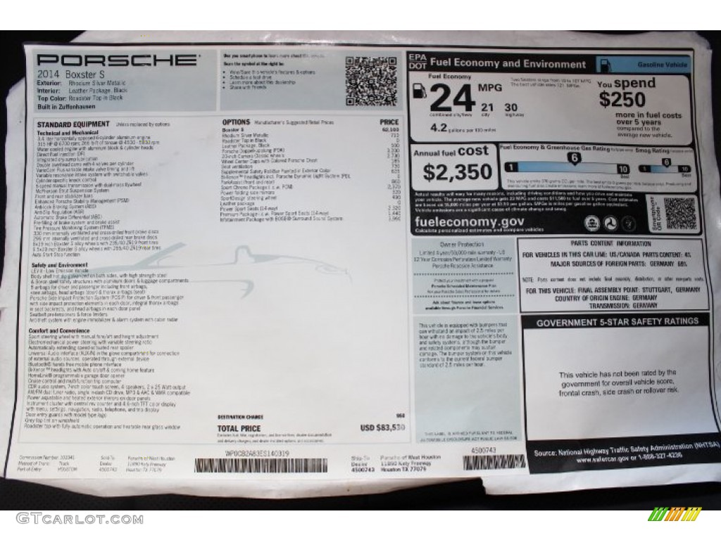 2014 Porsche Boxster S Window Sticker Photo #86090791