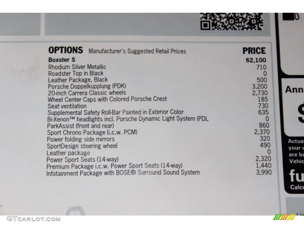 2014 Porsche Boxster S Window Sticker Photo #86090809