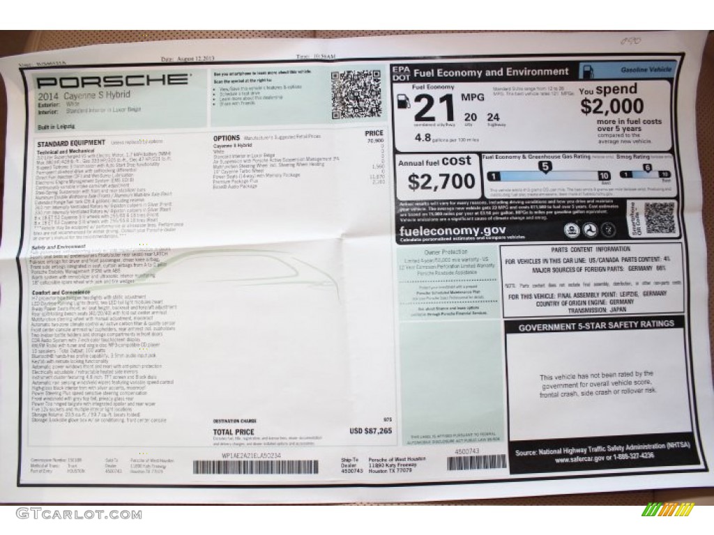 2014 Porsche Cayenne S Hybrid Window Sticker Photo #86092435
