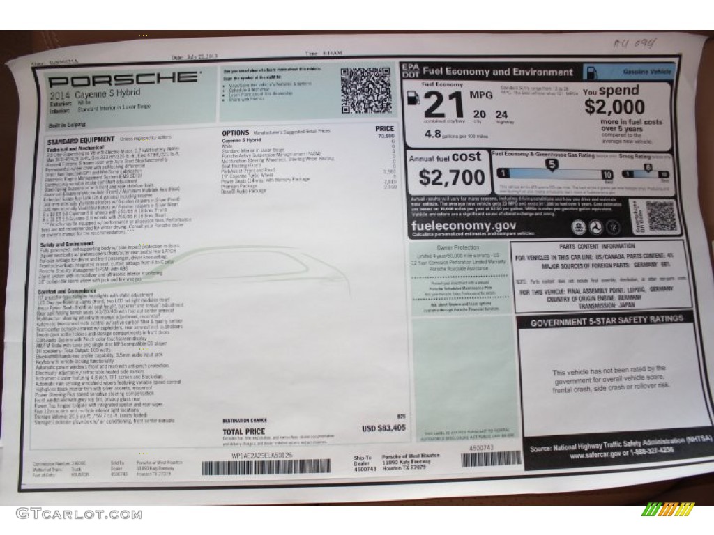 2014 Porsche Cayenne S Hybrid Window Sticker Photo #86093353