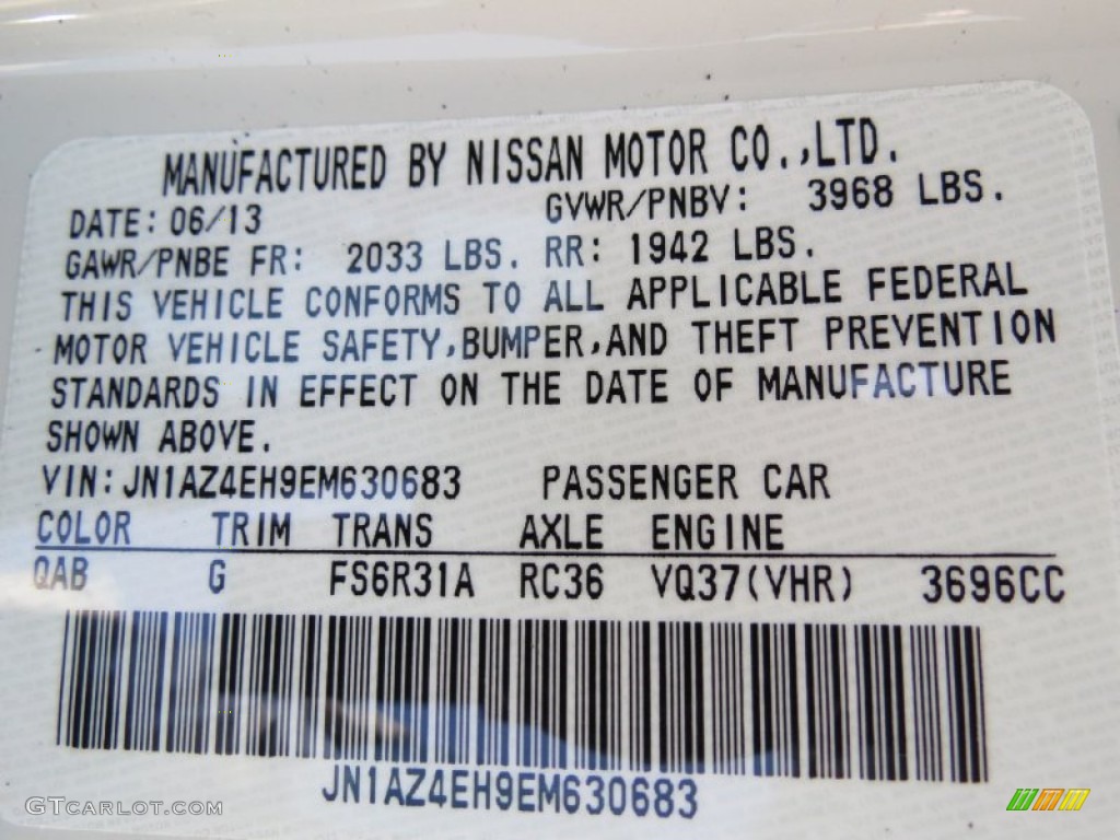 2014 370Z Color Code QAB for Pearl White Photo #86098384