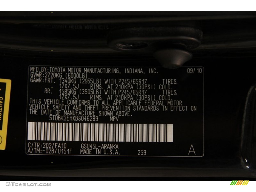 2011 Highlander Color Code 202 for Black Photo #86103934